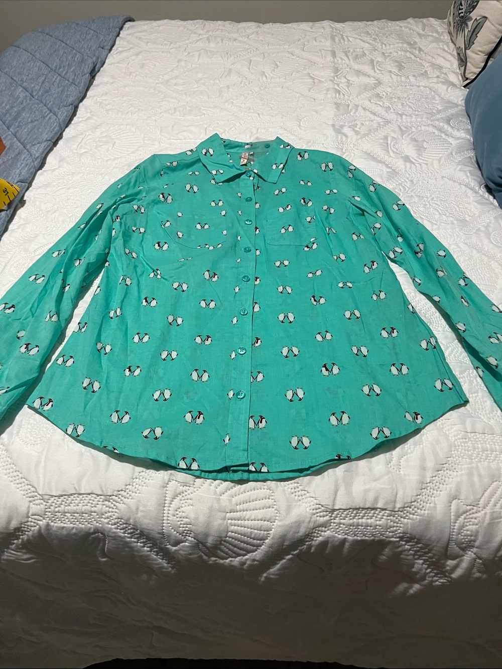 Red Camel Mint Green Button-Down Shirt with Penguin Print